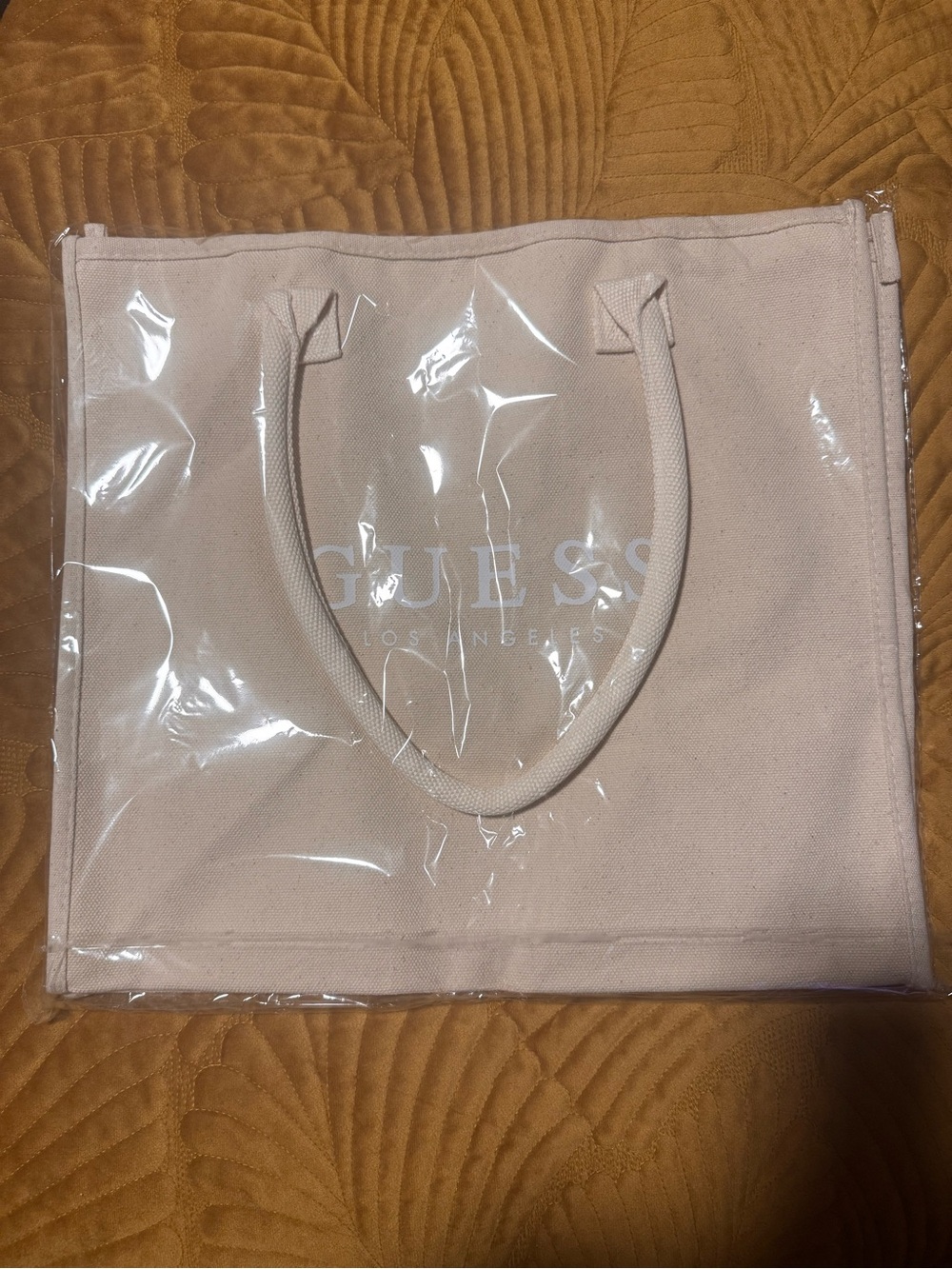 GUESS Light Beige Canvas Tote with Logo